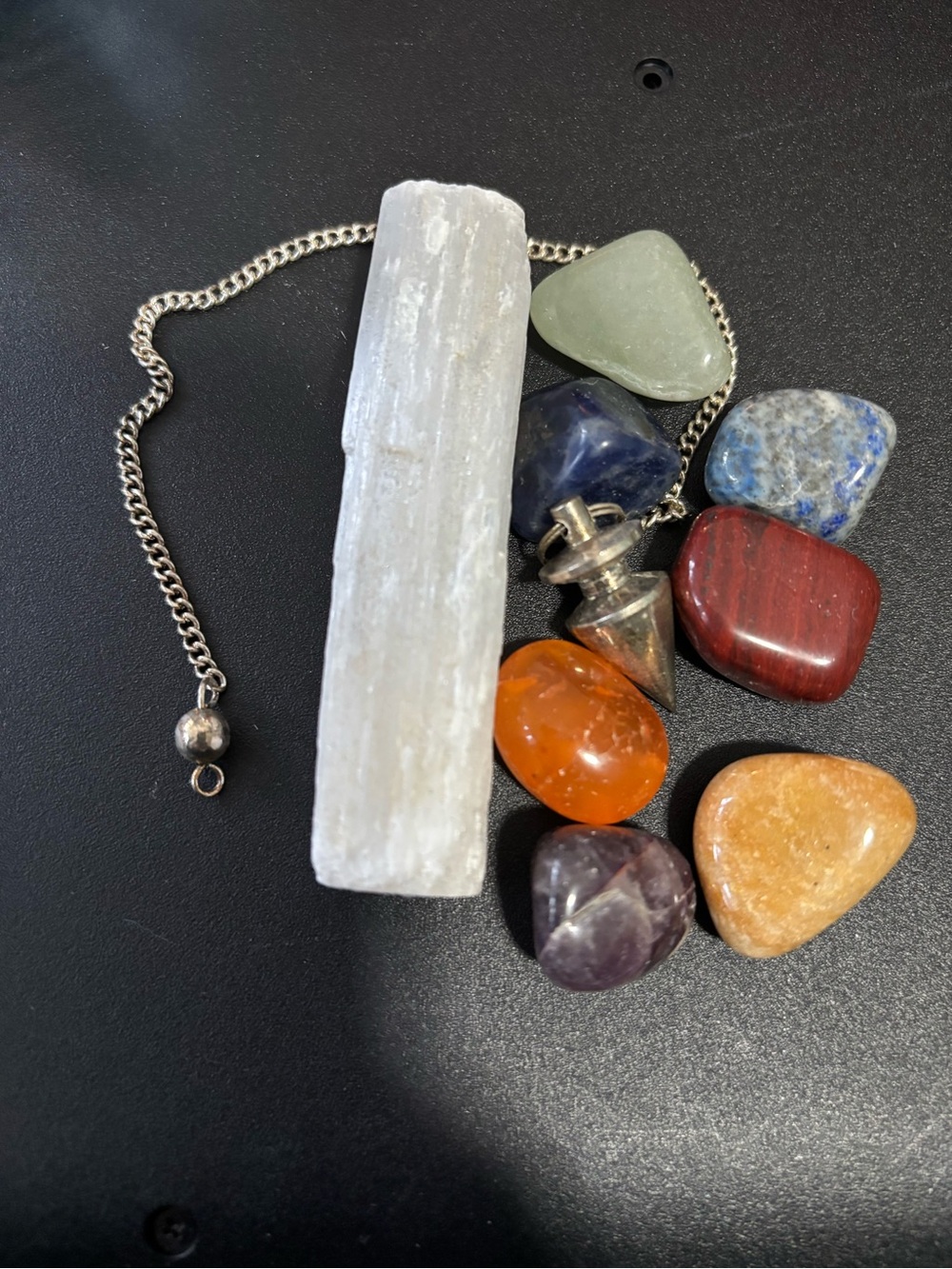 Selenite Wand and Mixed Tumbled Stones Set with Pendulum